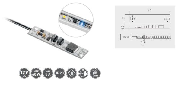 Spínač bezdotykový do LED profilu s kabelem 2m (2x0.20), 12V/60W, s lepící páskou