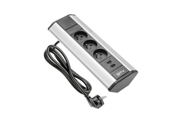 Zasuvkový box rohový 3x zasuvka 2x USB, stříbrná AE-PBKT3S2U-80