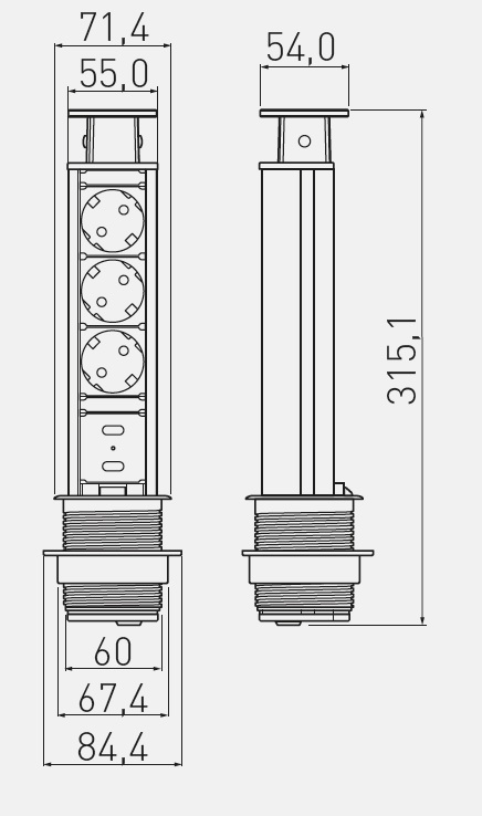 Zasuvková věž 3x zasuvka 2x USB 5V 2A, stříbrná AE-BPW3U60U-80