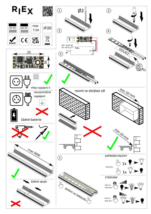 Spínač dotykový do LED profilu, 12V-24V/90W, bílá dioda