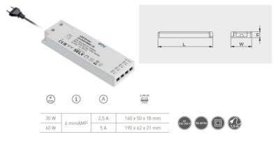 Trafo LED SLIM EASY CLICK 12V,60W, input 220-240VAC, IP20, 6x mini AMP konektor