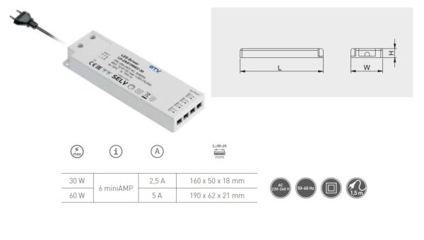 Trafo LED SLIM EASY CLICK 12V,60W, input 220-240VAC, IP20, 6x mini AMP konektor