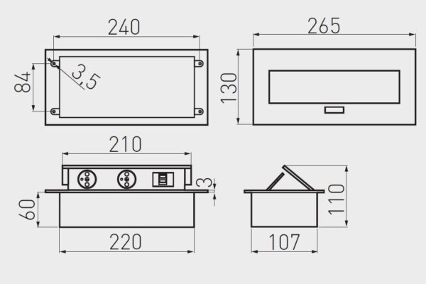 Zásuvkový el. box vyklopný 2x zasuvka 2x USB 2A 5V bílý