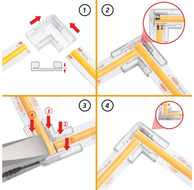Konektor pro LED pásek 10mm a COB, spojka LED/LED rohový 90st., 150W, IP20 Konektor pro LED pásek 10mm a COB, spojka LED/LED rohový 90st., 150W, IP20