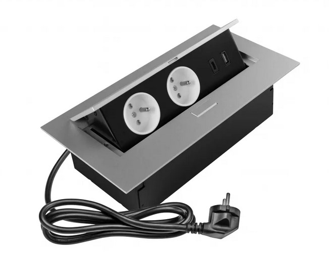 Zásuvkový el. box vyklopný 2x zasuvka 2x USB 2A 5V stříbrná Zásuvkový el. box vyklopný 2x zasuvka 2x USB 2A 5V stříbrná