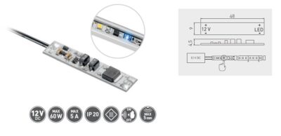 Spínač bezdotykový do LED profilu s kabelem 2m (2x0.20), 12V/60W, 5A, s lepící páskou Spínač bezdotykový do LED profilu s kabelem 2m (2×0.20), 12V/60W, 5A, s lepící páskou