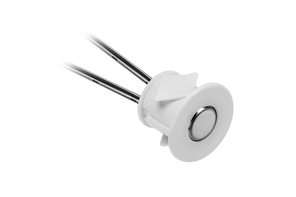 Spínač dotykový stmívatelný 12V/36W, 24V/72W, 3A, bílý, pro otvor 18mm, mini AMP Spínač dotykový stmívatelný 12V/36W, 24V/72W, 3A, bílý, pro otvor 18mm, mini AMP