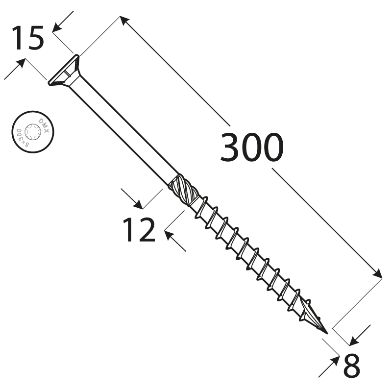 CS 08300 tesařský vrut se zapuštěnou hlavou 8 x 300 50kus/bal CS 08300 tesařský vrut se zapuštěnou hlavou 8 x 300 50kus/bal