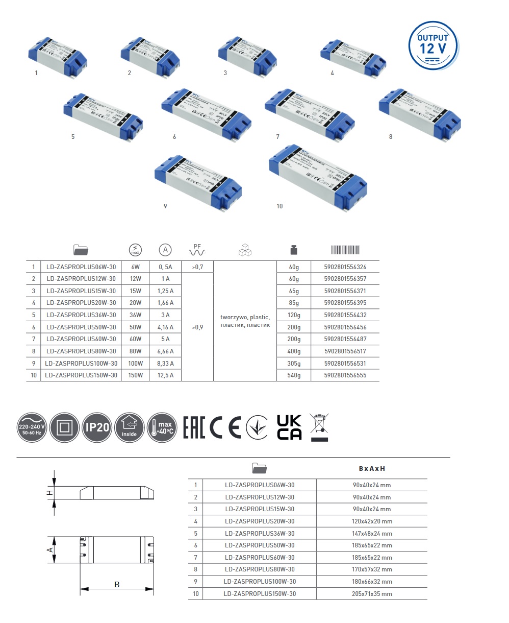 Trafo LED PRO 12V, 50W, input 220-240VAC, IP20, rozměr 185x65x22 mm Trafo LED PRO 12V, 50W, input 220-240VAC, IP20, rozměr 185x65x22 mm