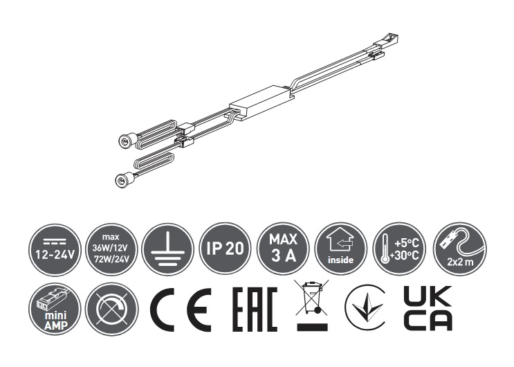 Spínač bezdotykový MICRO IR, 2 senzory, kabely 2m a 1,2m, Bílý, 12V/36W,24V/72W,3A, mini AMP Spínač bezdotykový MICRO IR, 2 senzory, kabely 2m a 1,2m, Bílý, 12V/36W,24V/72W,3A, mini AMP