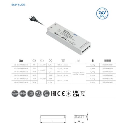 Trafo 24V LED SLIM EASY CLICK 100W, input 220-240VAC, IP20, 6x mini AMP konektor