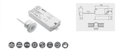 Spínač bezdotykový PIR 230V/250W, kabel 2m, bílý