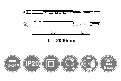 Spínač bezdotykový do LED profilu s konektorem pro LED 8mm a kabelem 2m 12V/36W, 24V/72W, 3A,IP20 Spínač bezdotykový do LED profilu s konektorem pro LED 8mm a kabelem 2m 12V/36W, 24V/72W, 3A,IP20