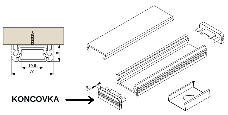 Záslepka do profilu LED AL RW přisazená šedá Záslepka do profilu LED AL RW přisazená šedá